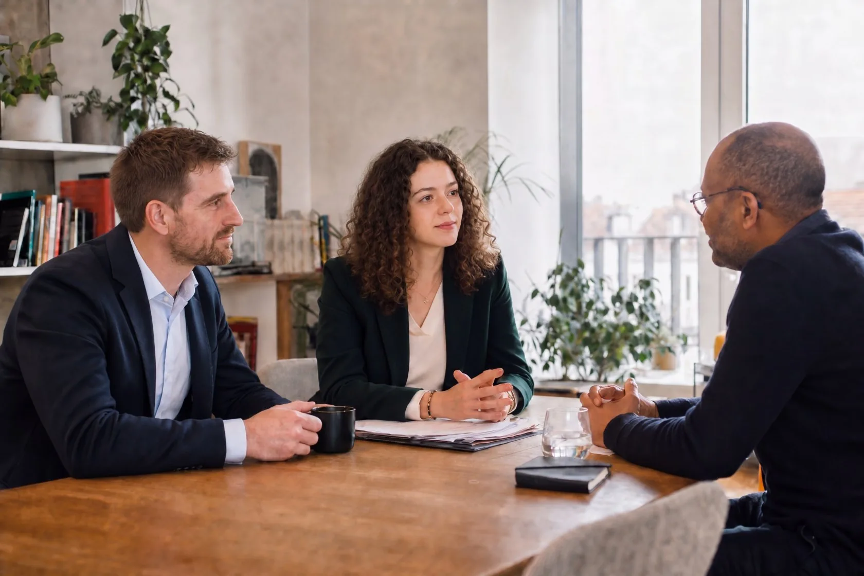 Three people in a meeting around a table, an application file open in front of them