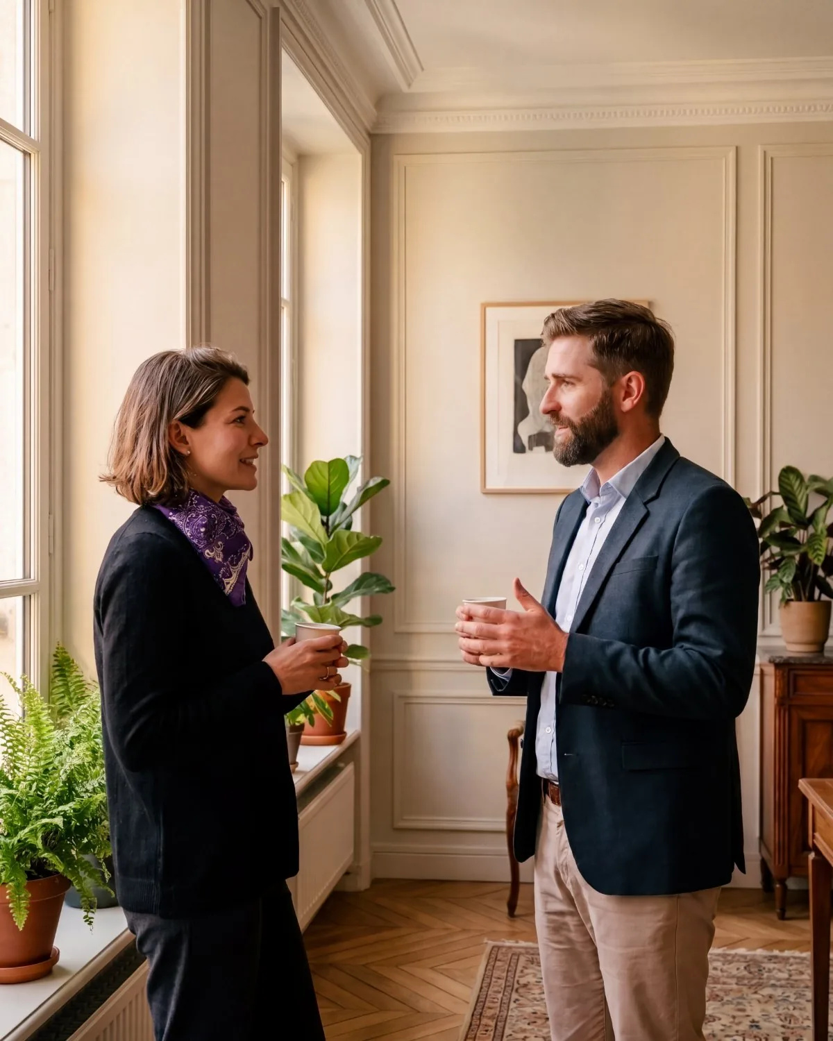 Two professionals talking over coffee in a Paris office